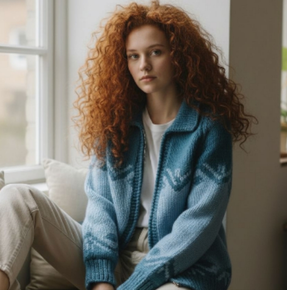 Women's Blue Patterned Cardigan Sweater - Picture 3 of 12